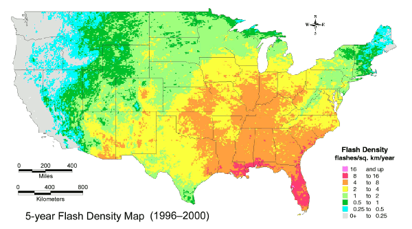 US Lightning Density Map 1996-2000
